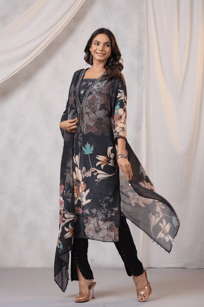 Black Crepe Digital Printed Suit Set