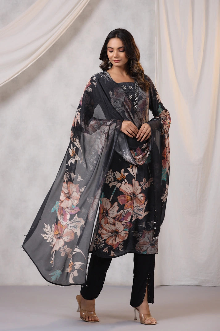 Black Crepe Digital Printed Suit Set