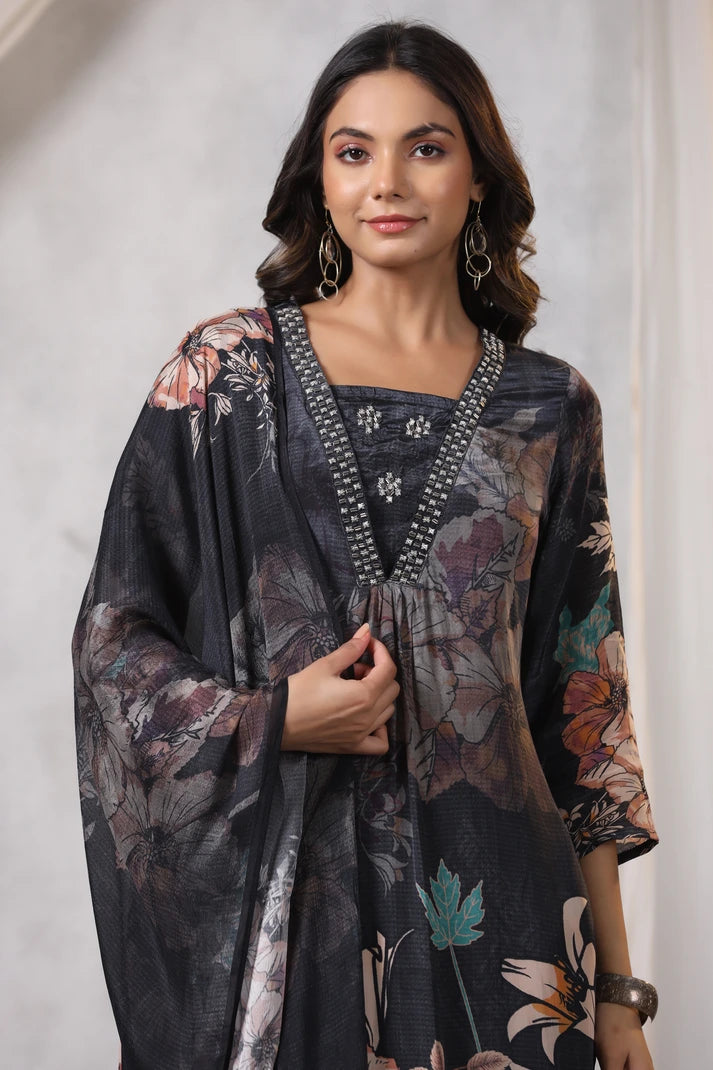 Black Crepe Digital Printed Suit Set