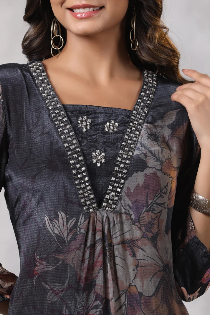 Black Crepe Digital Printed Suit Set