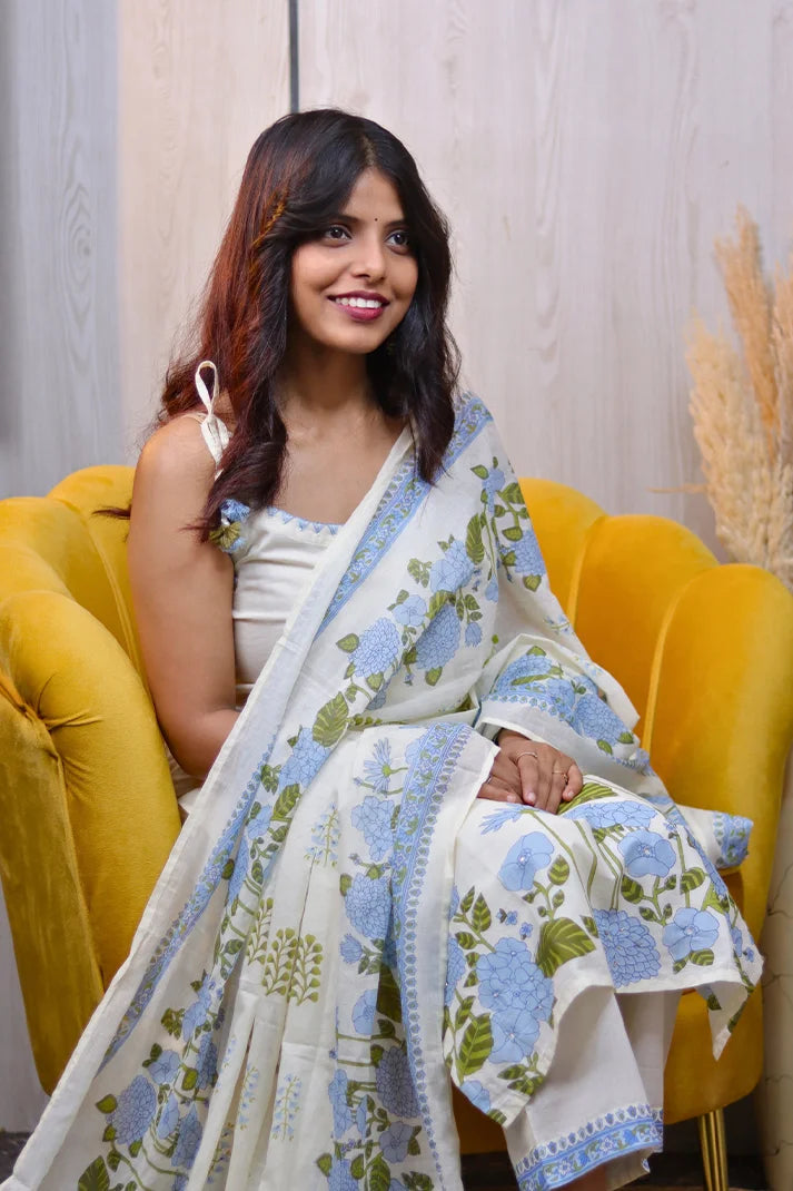 Tassel Tie-Up Cotton Kurta Set with Blue Floral Border Dupatta