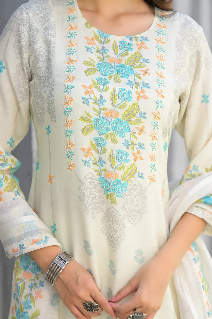 Soft Pink Floral Embroidered Three-Piece Suit Set