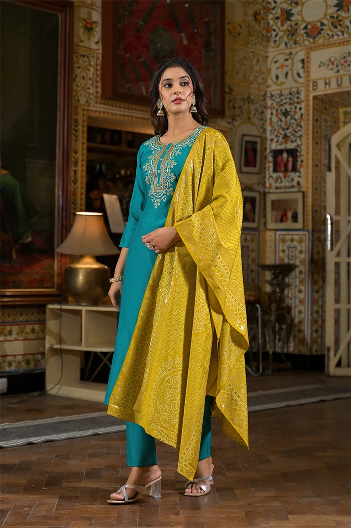 Teal Green Straight Kurta Set with Yellow Bandhej Dupatta & Hand Embroidery