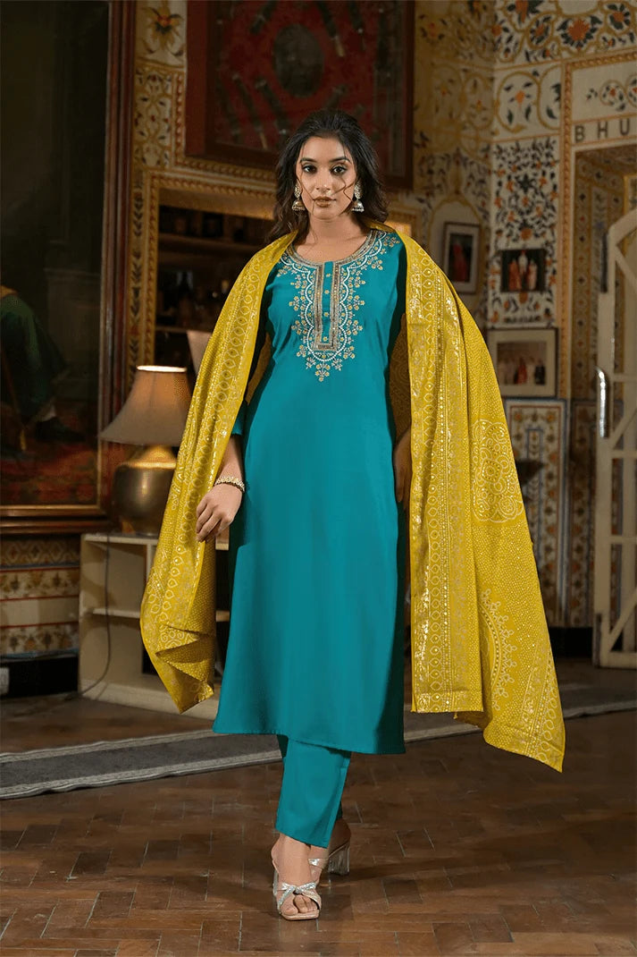 Teal Green Straight Kurta Set with Yellow Bandhej Dupatta & Hand Embroidery