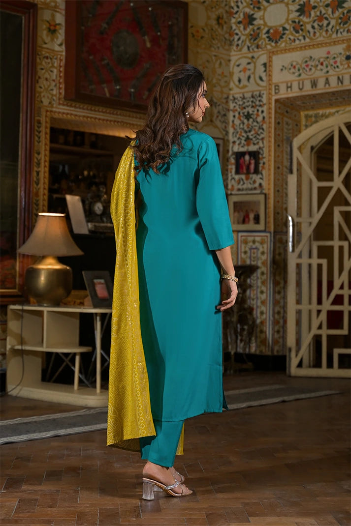 Teal Green Straight Kurta Set with Yellow Bandhej Dupatta & Hand Embroidery