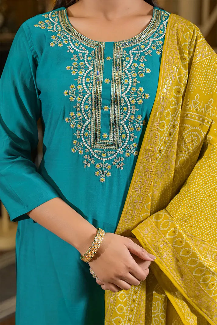 Teal Green Straight Kurta Set with Yellow Bandhej Dupatta & Hand Embroidery