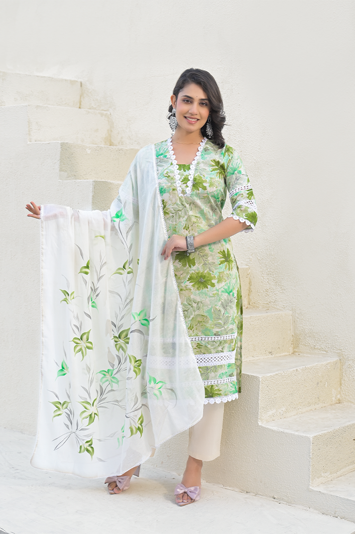 Noor - Hand Block Print Green Mughal Butta Cotton Straight Suit Set with Dupatta - Set of 3