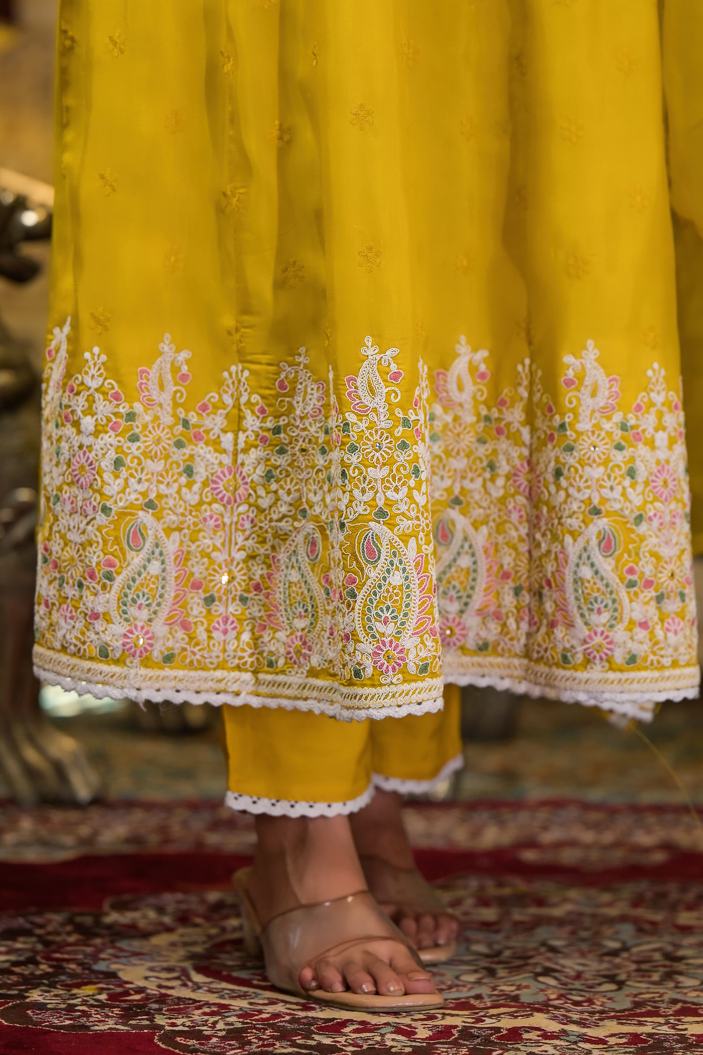 Golden Paisley Embroidered Anarkali Suit Set