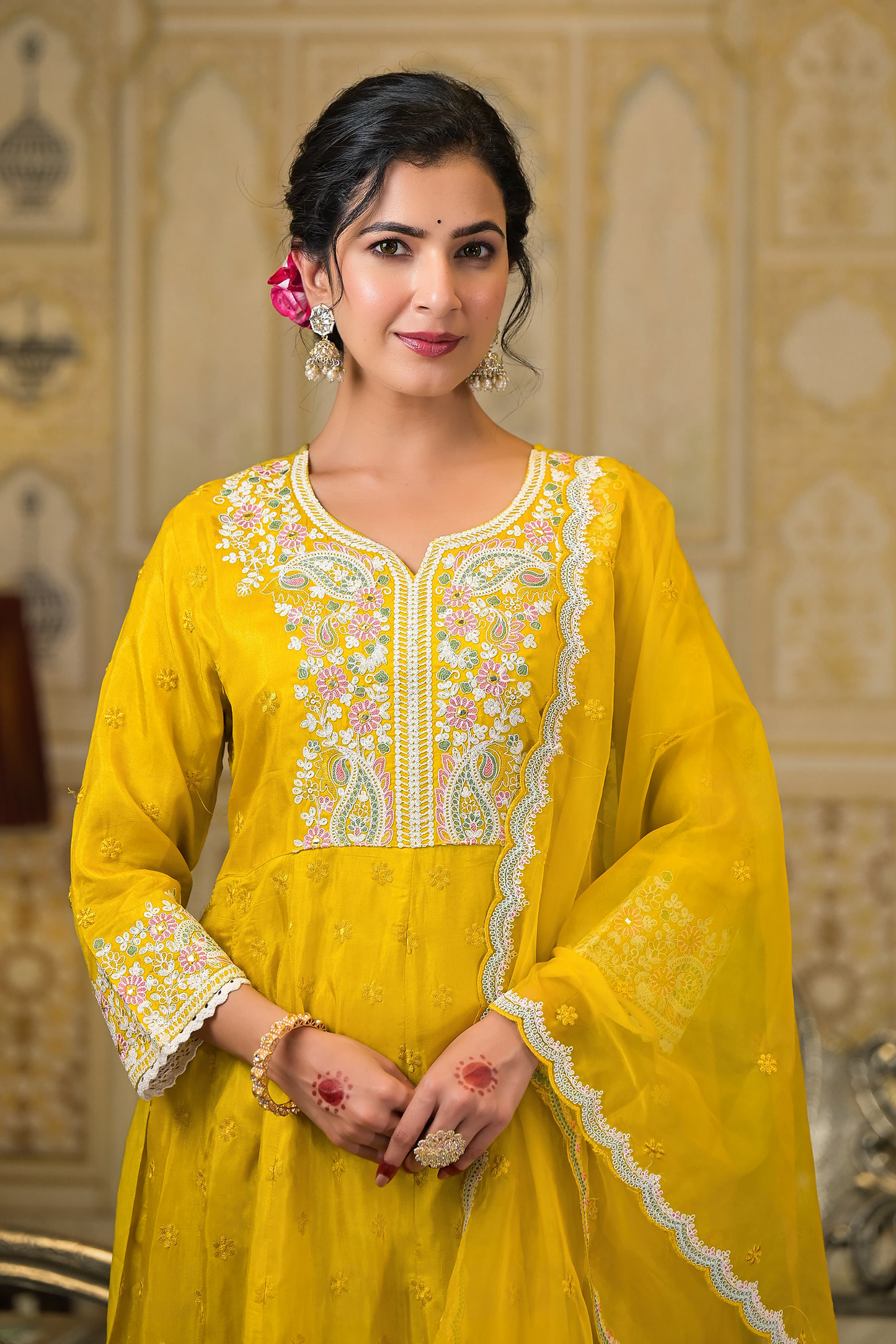 Golden Paisley Embroidered Anarkali Suit Set