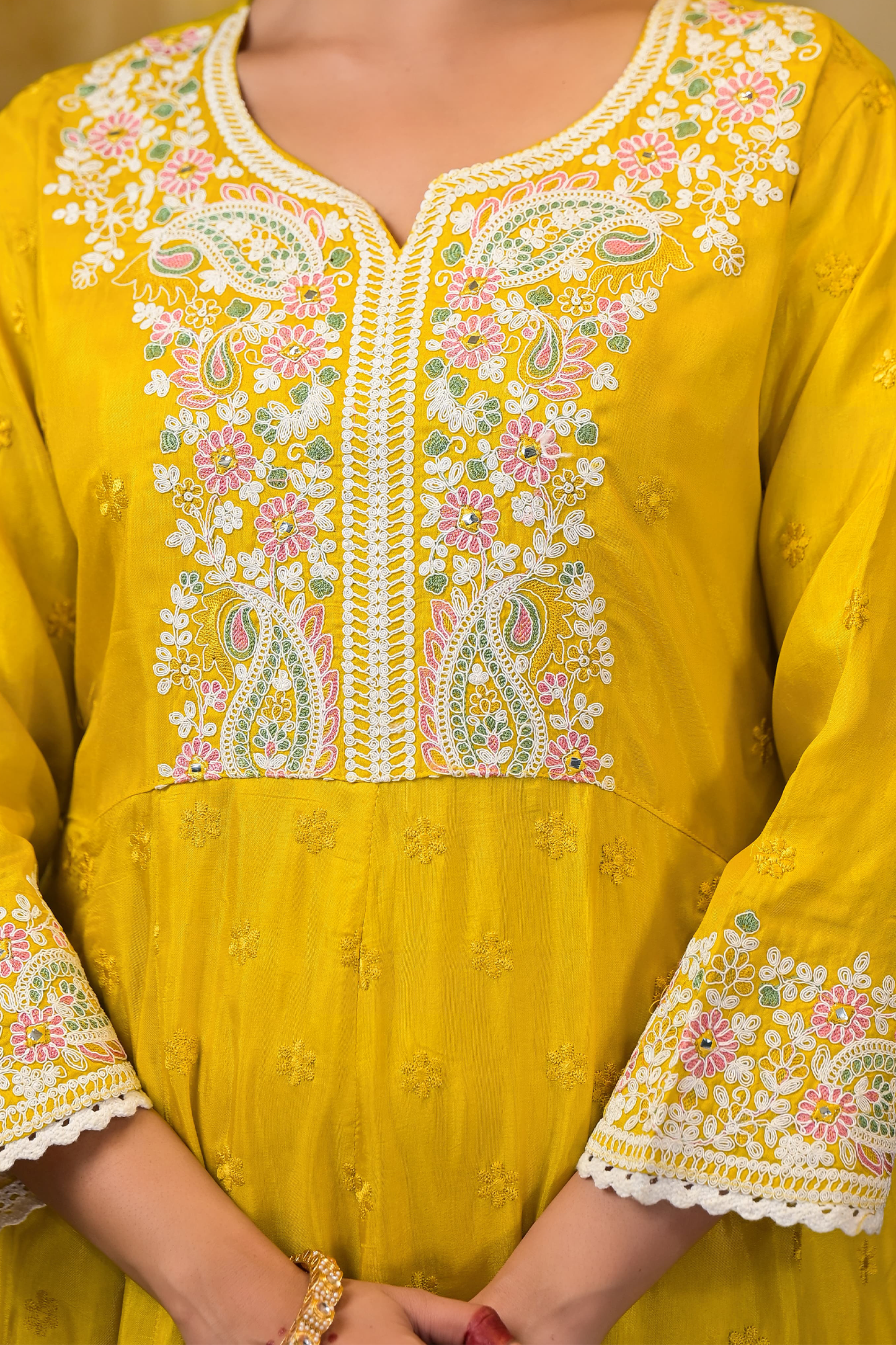 Golden Paisley Embroidered Anarkali Suit Set