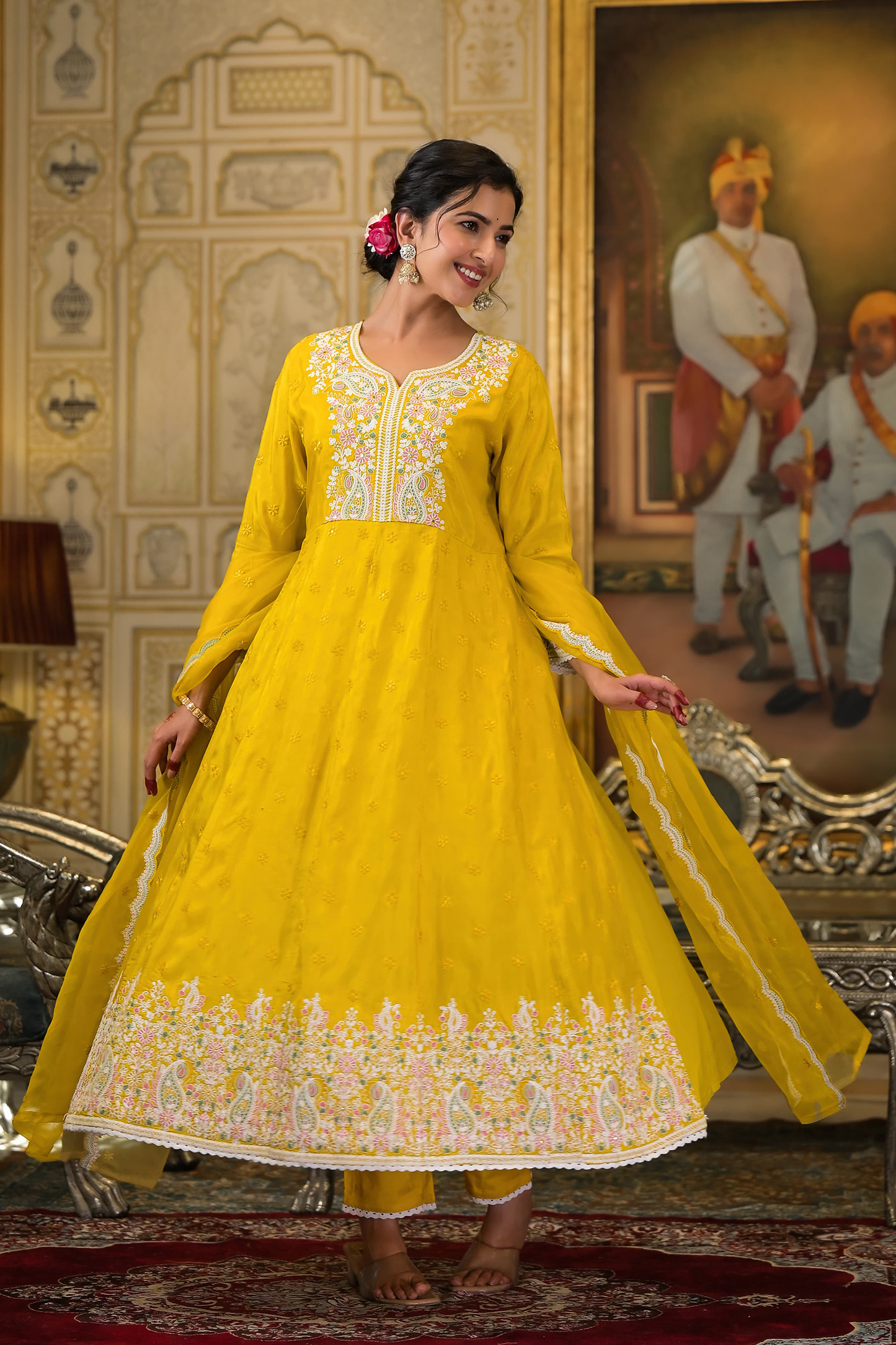 Golden Paisley Embroidered Anarkali Suit Set