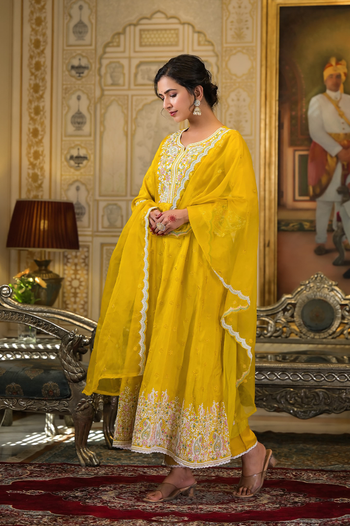 Golden Paisley Embroidered Anarkali Suit Set