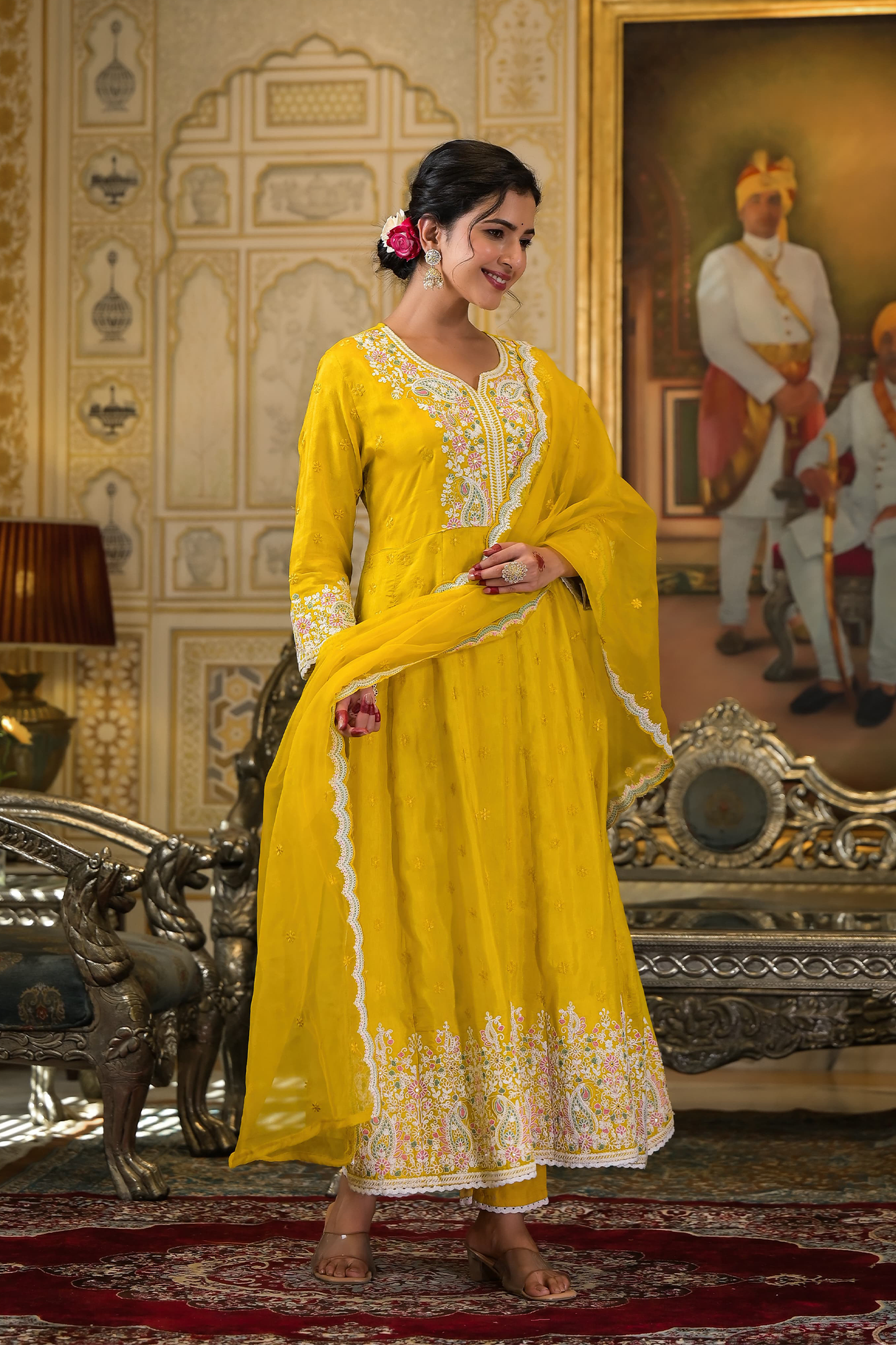 Golden Paisley Embroidered Anarkali Suit Set