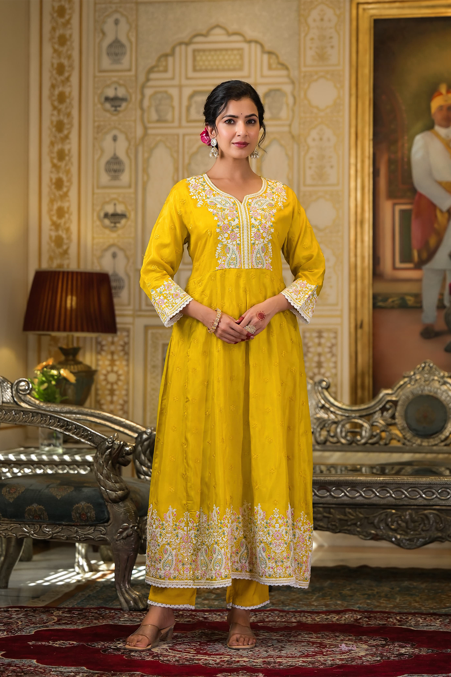 Golden Paisley Embroidered Anarkali Suit Set
