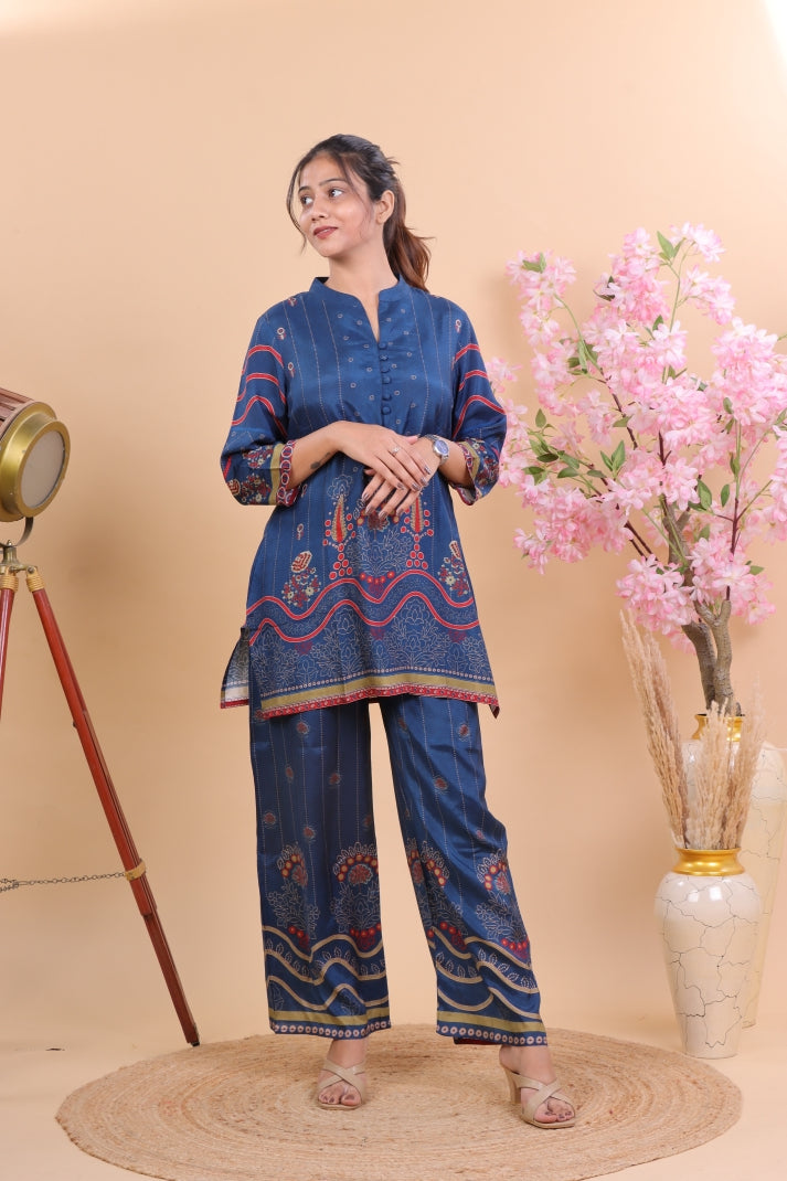 Navy Blue Muslin Co-ord Set with Intricate Floral & Geometric Print