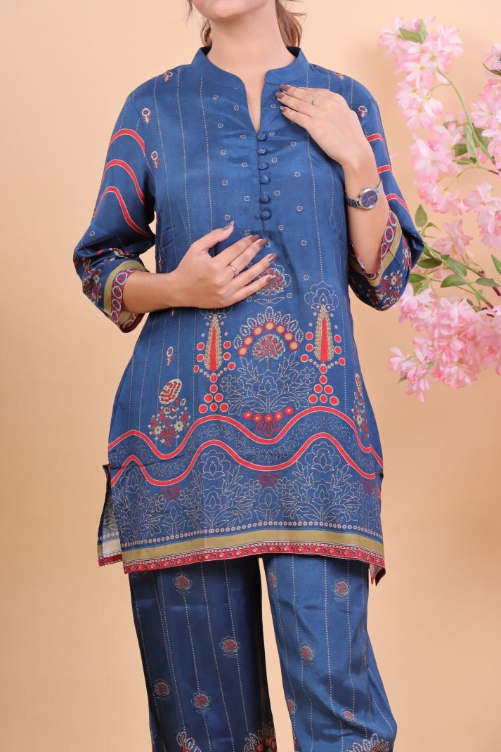 Navy Blue Muslin Co-ord Set with Intricate Floral & Geometric Print