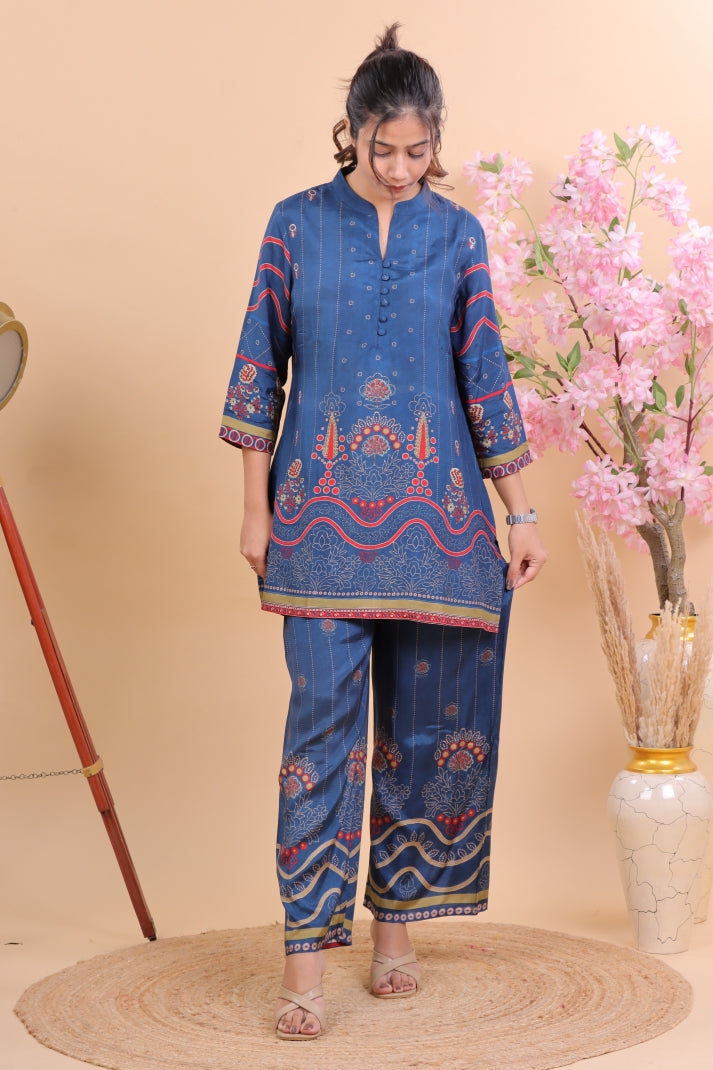 Navy Blue Muslin Co-ord Set with Intricate Floral & Geometric Print