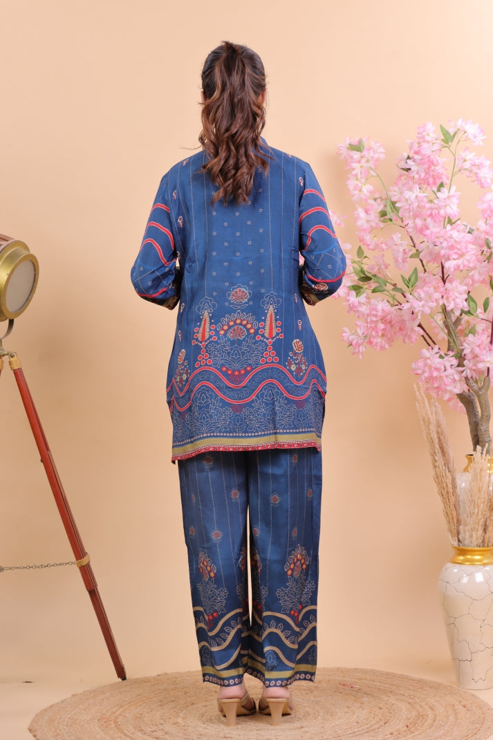 Navy Blue Muslin Co-ord Set with Intricate Floral & Geometric Print