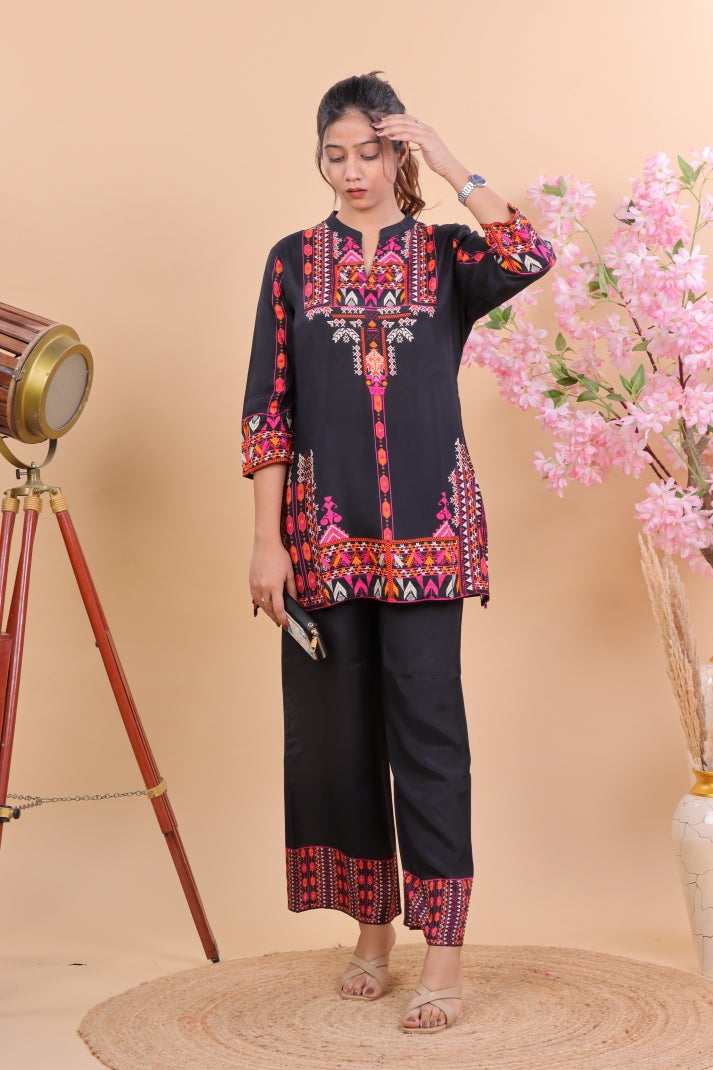 Black Muslin Co-ord Set with Multicolor Ethnic Print