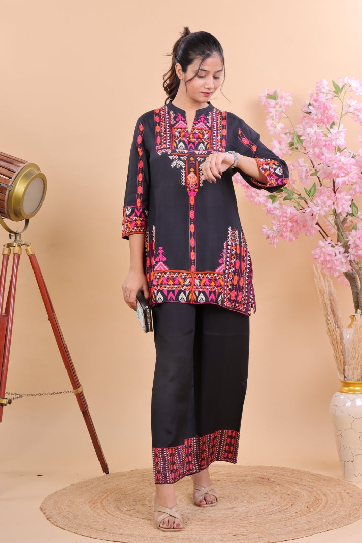 Black Muslin Co-ord Set with Multicolor Ethnic Print