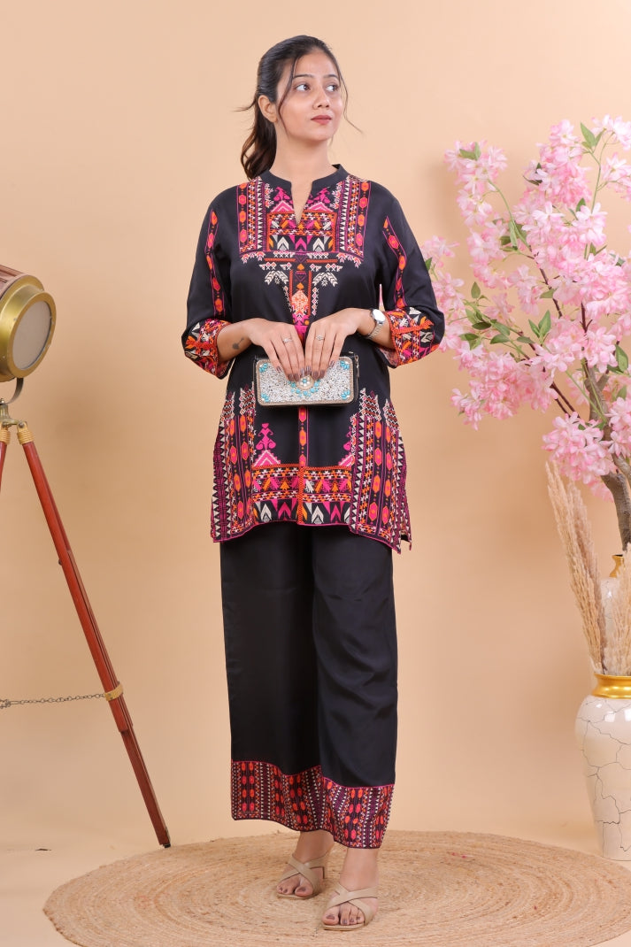 Black Muslin Co-ord Set with Multicolor Ethnic Print