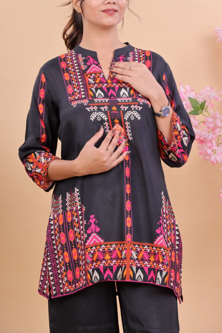 Black Muslin Co-ord Set with Multicolor Ethnic Print