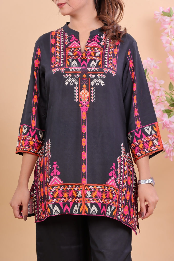 Black Muslin Co-ord Set with Multicolor Ethnic Print