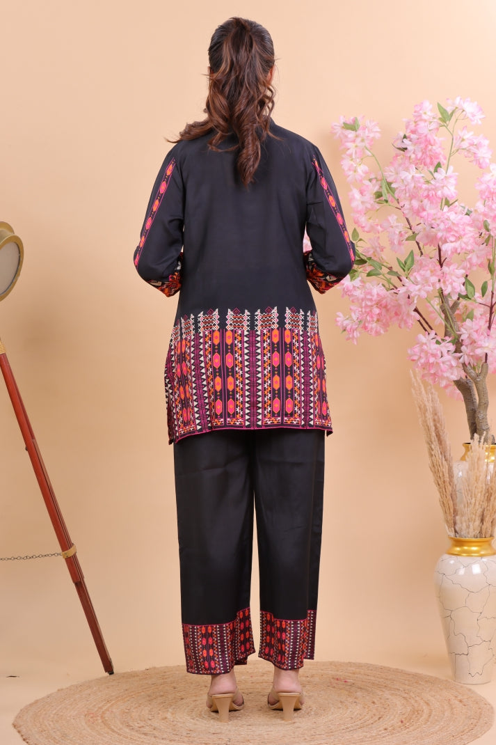 Black Muslin Co-ord Set with Multicolor Ethnic Print