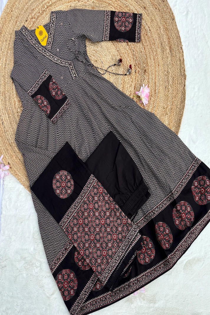 Black Floral Cotton Anarkali Set with Hand Embroidery – 3 Piece Elegant Ensemble