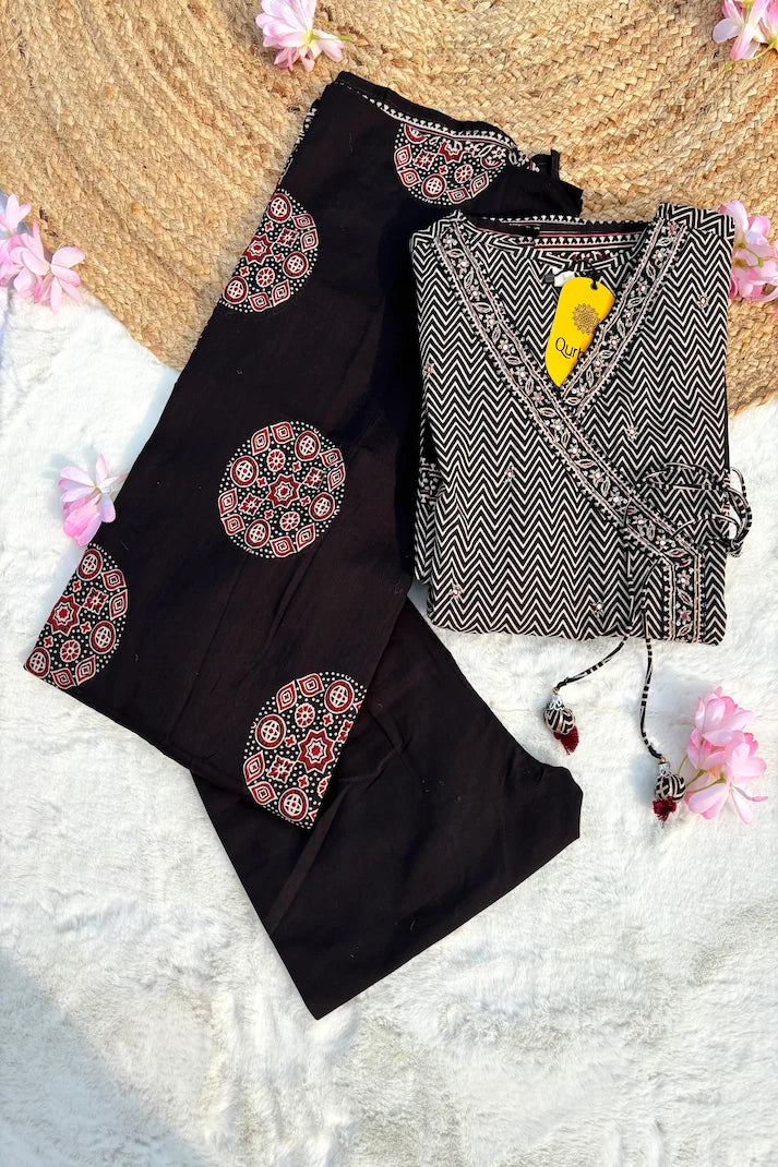 Black Floral Cotton Anarkali Set with Hand Embroidery – 3 Piece Elegant Ensemble