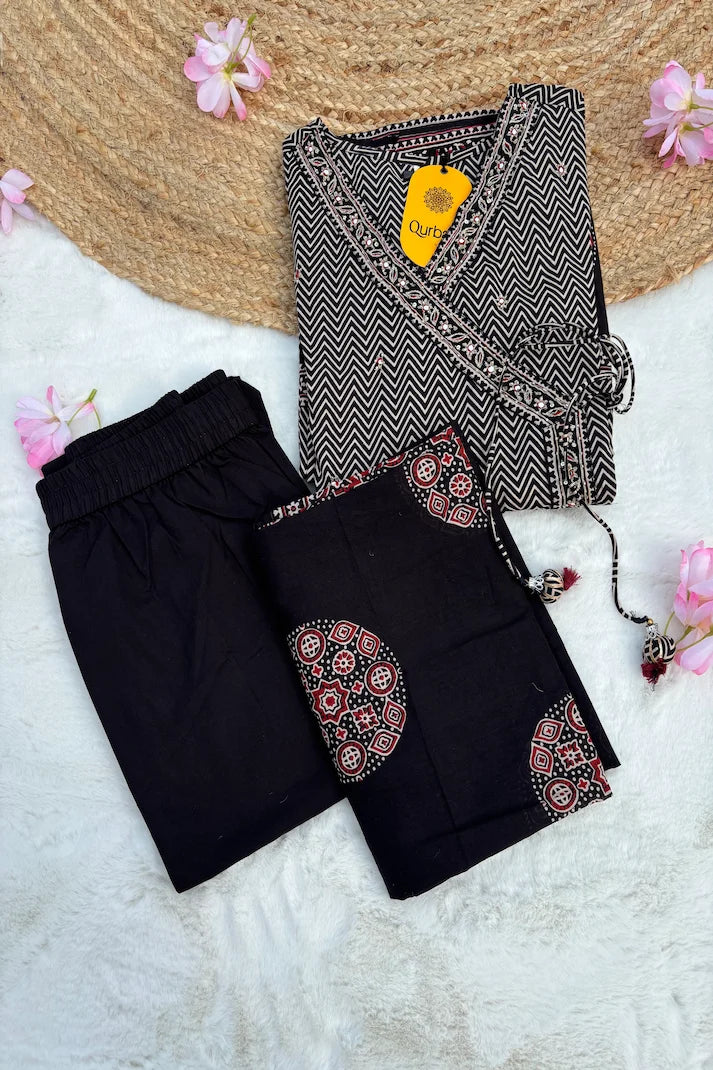 Black Floral Cotton Anarkali Set with Hand Embroidery – 3 Piece Elegant Ensemble