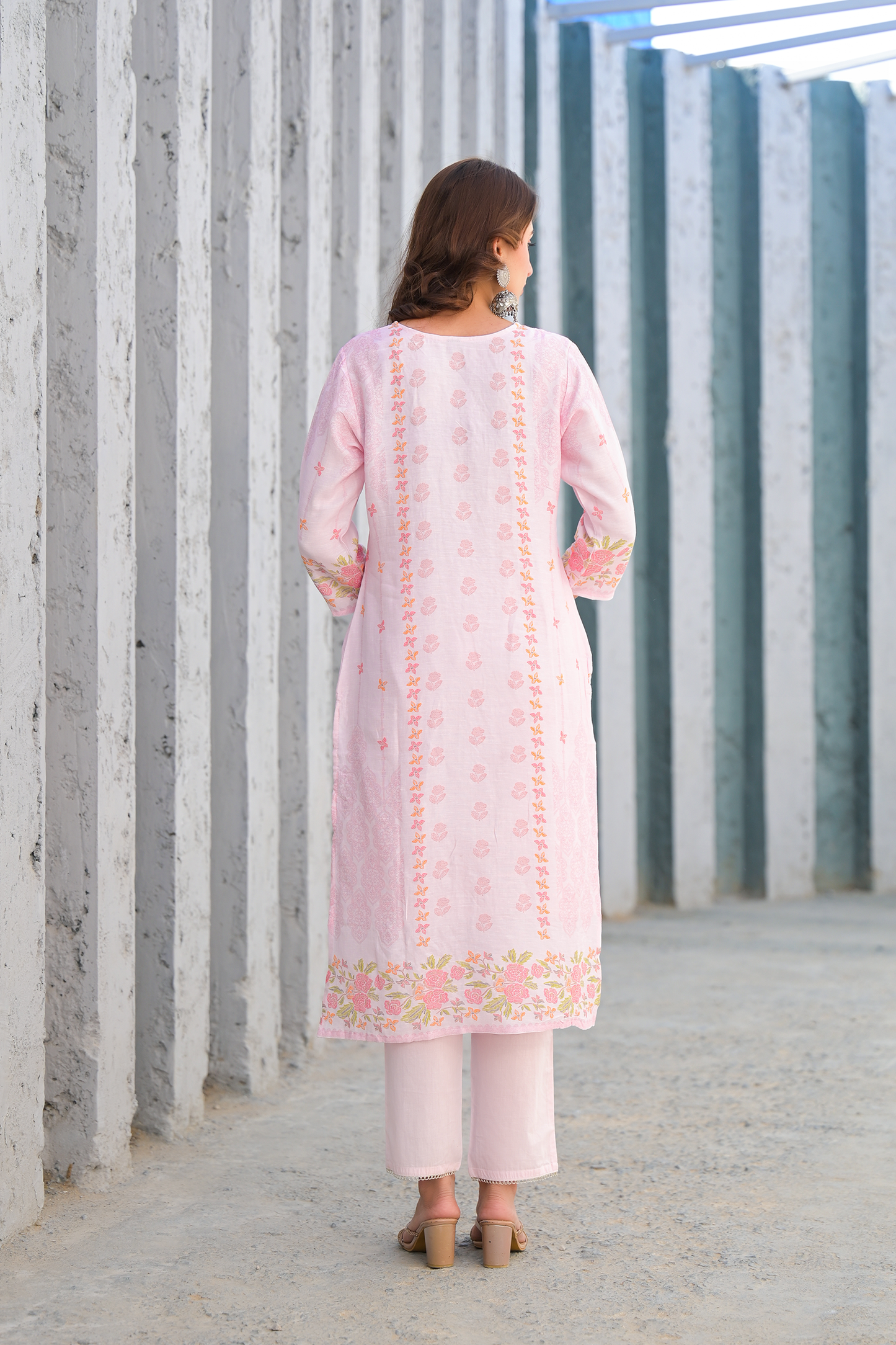 Soft Pink Floral Embroidered Three-Piece Suit Set