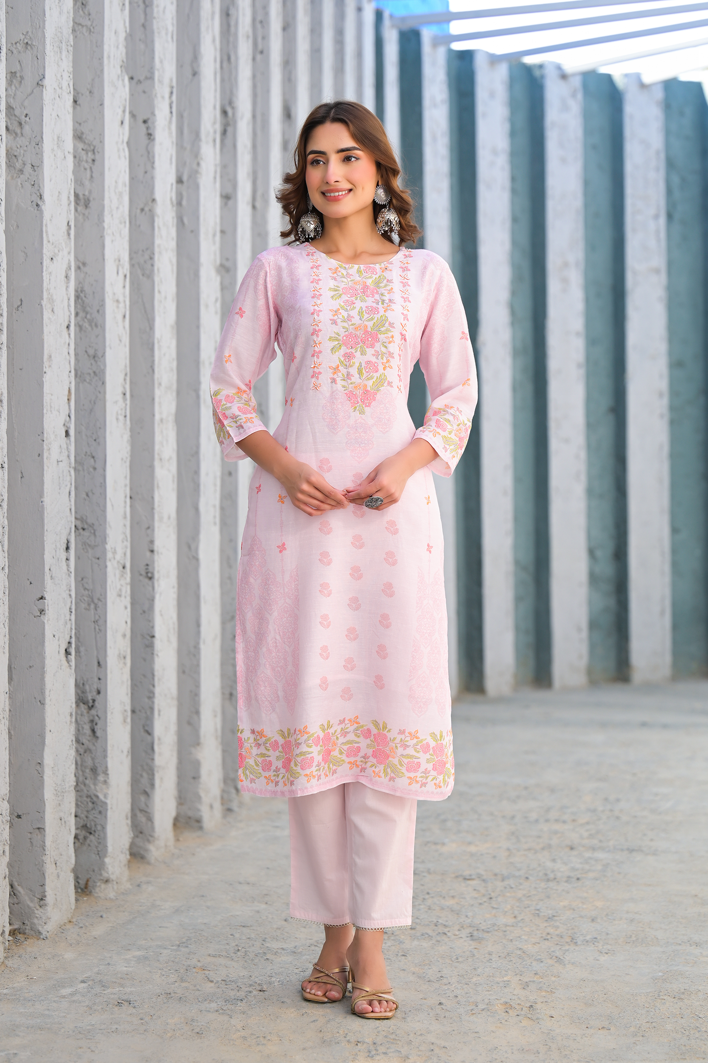 Soft Pink Floral Embroidered Three-Piece Suit Set