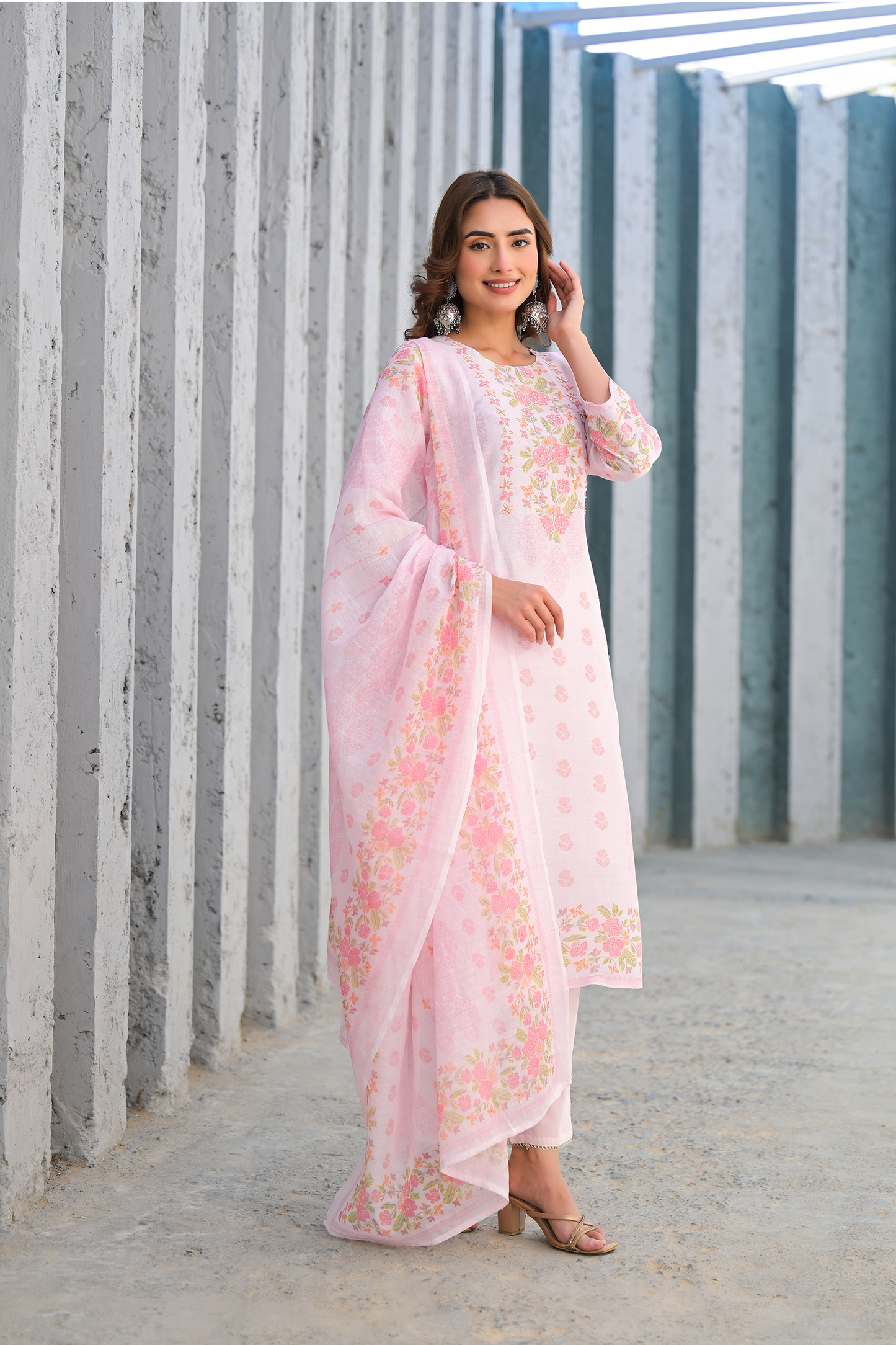 Soft Pink Floral Embroidered Three-Piece Suit Set