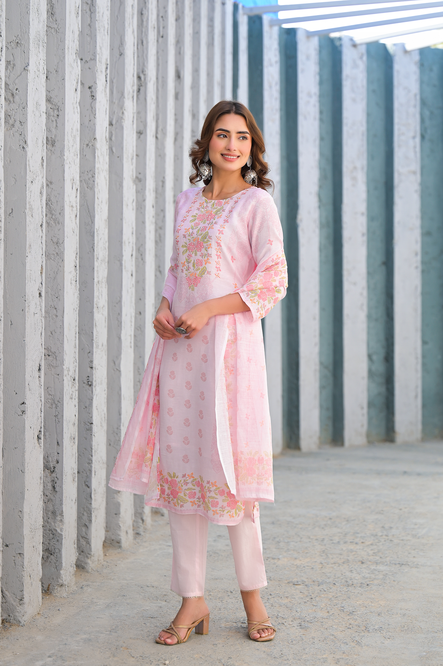 Soft Pink Floral Embroidered Three-Piece Suit Set