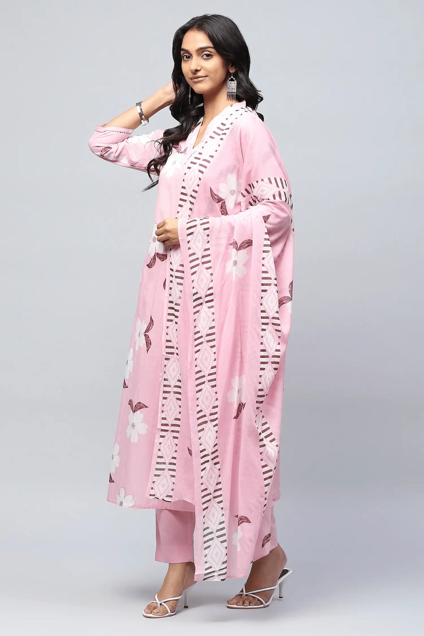 Pink Cotton Printed Suit Set for Women
