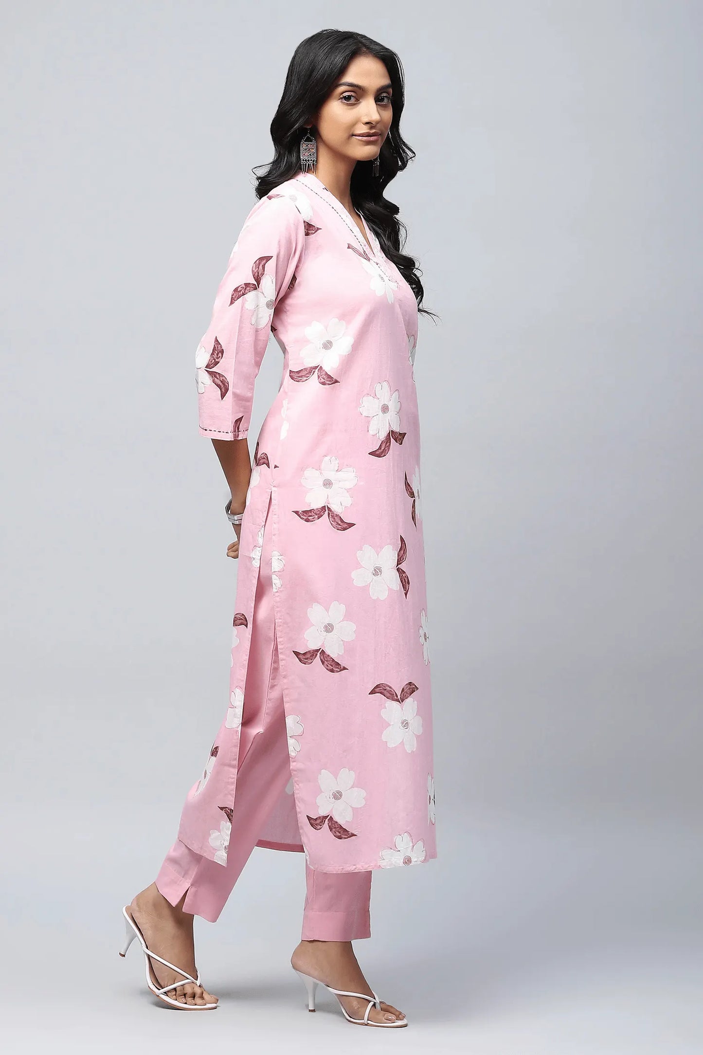 Pink Cotton Printed Suit Set for Women