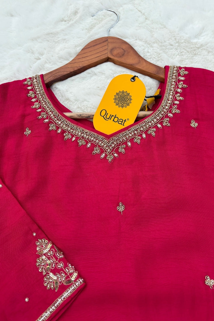Premium Rani Pink Ethnic Suit Set with Golden Zari Embroidery