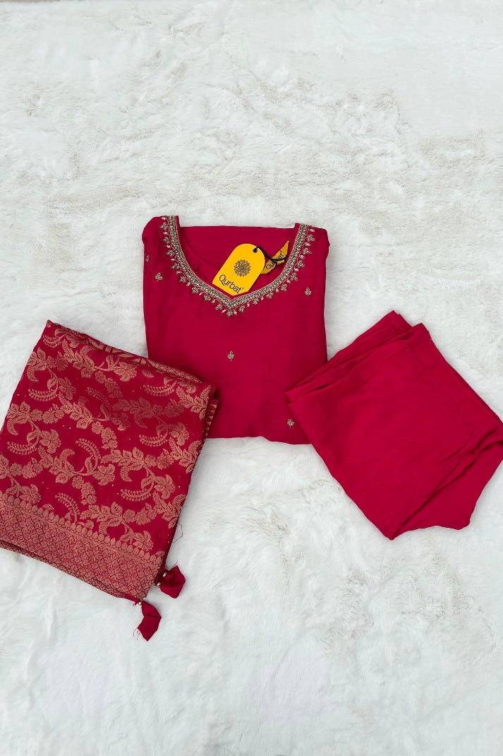 Premium Rani Pink Ethnic Suit Set with Golden Zari Embroidery