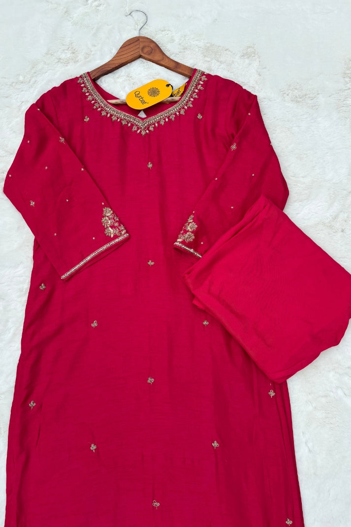 Premium Rani Pink Ethnic Suit Set with Golden Zari Embroidery