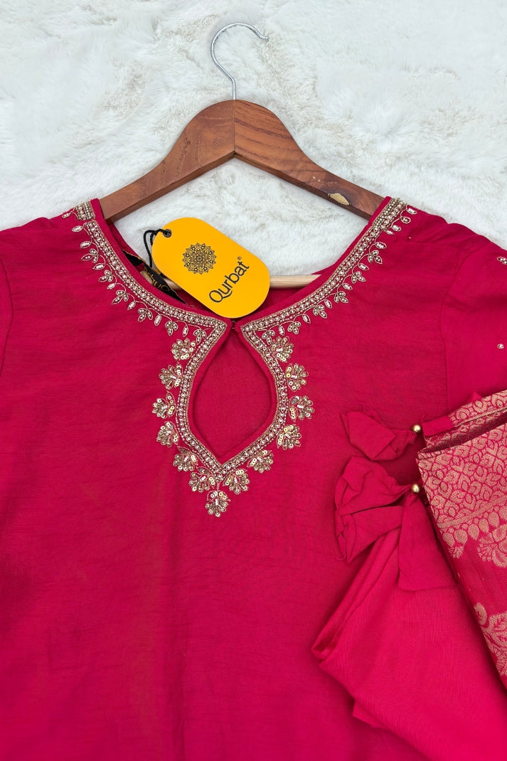 Premium Rani Pink Ethnic Suit Set with Golden Zari Embroidery