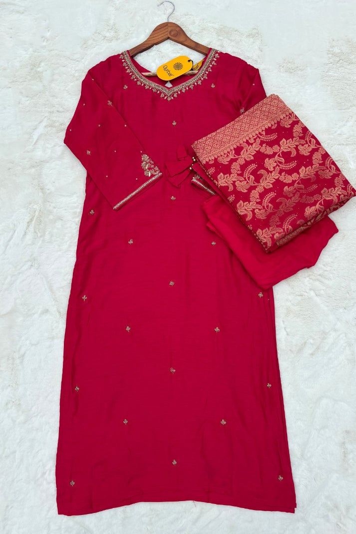 Premium Rani Pink Ethnic Suit Set with Golden Zari Embroidery