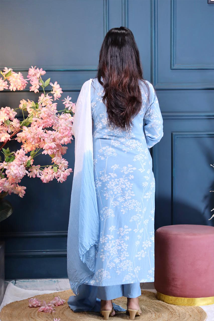 Blue Cotton Kurta Set with White Floral Embroidery & Dip-Dye Dupatta – 3 Piece Set