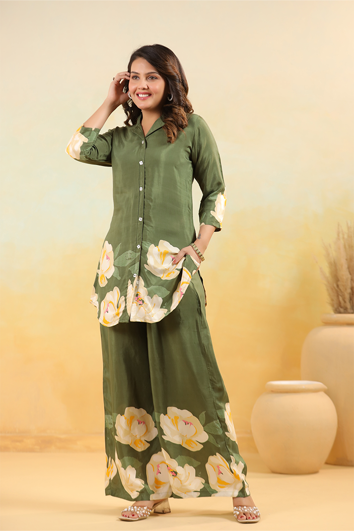 Elegant Olive Green Floral Co-Ord Set