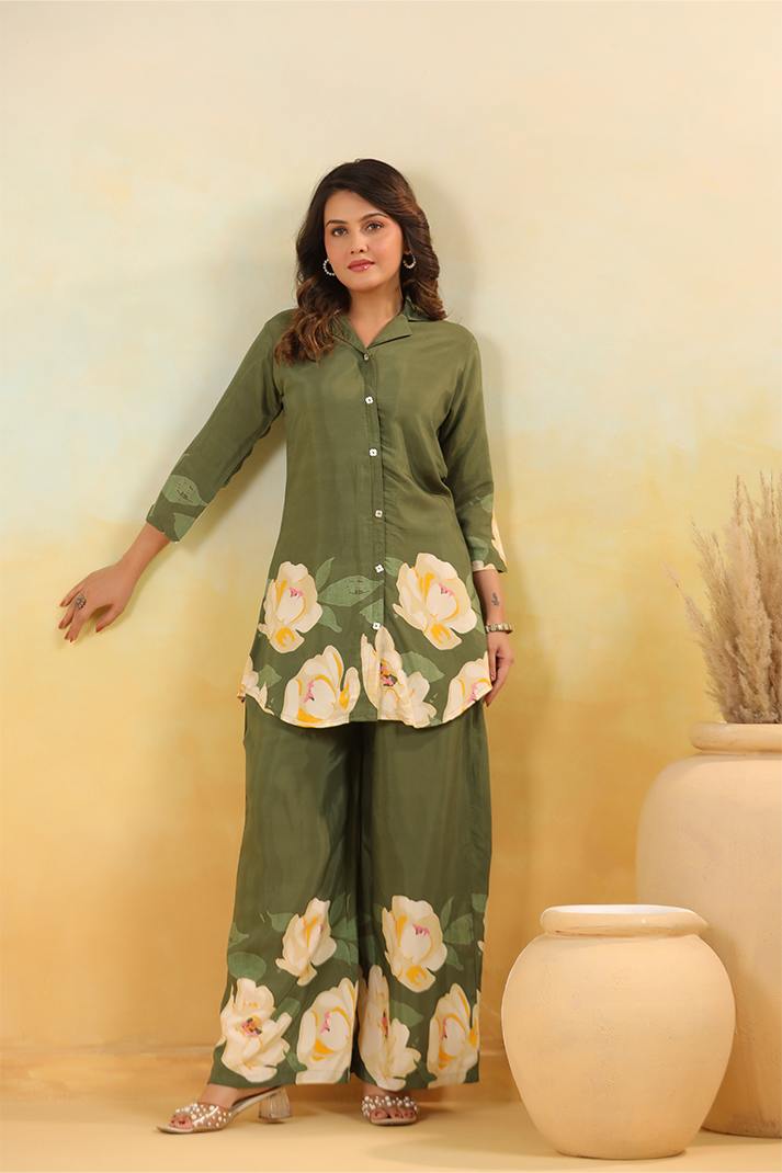 Elegant Olive Green Floral Co-Ord Set