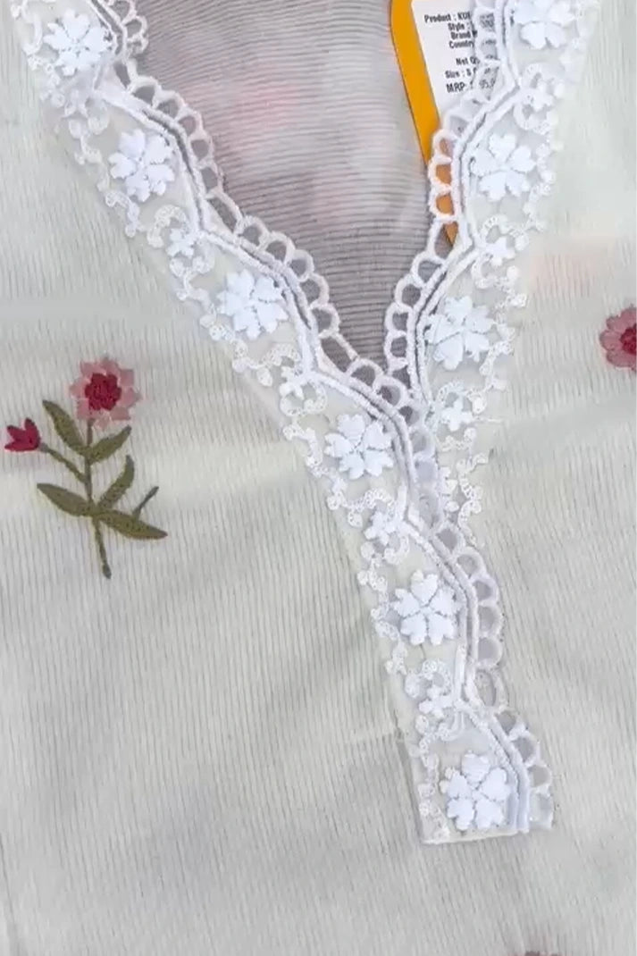 Elegant Off-White Embroidered Cotton Suit Set with Dupatta
