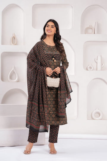 Charcoal Printed Cotton Suit Set with Dupatta