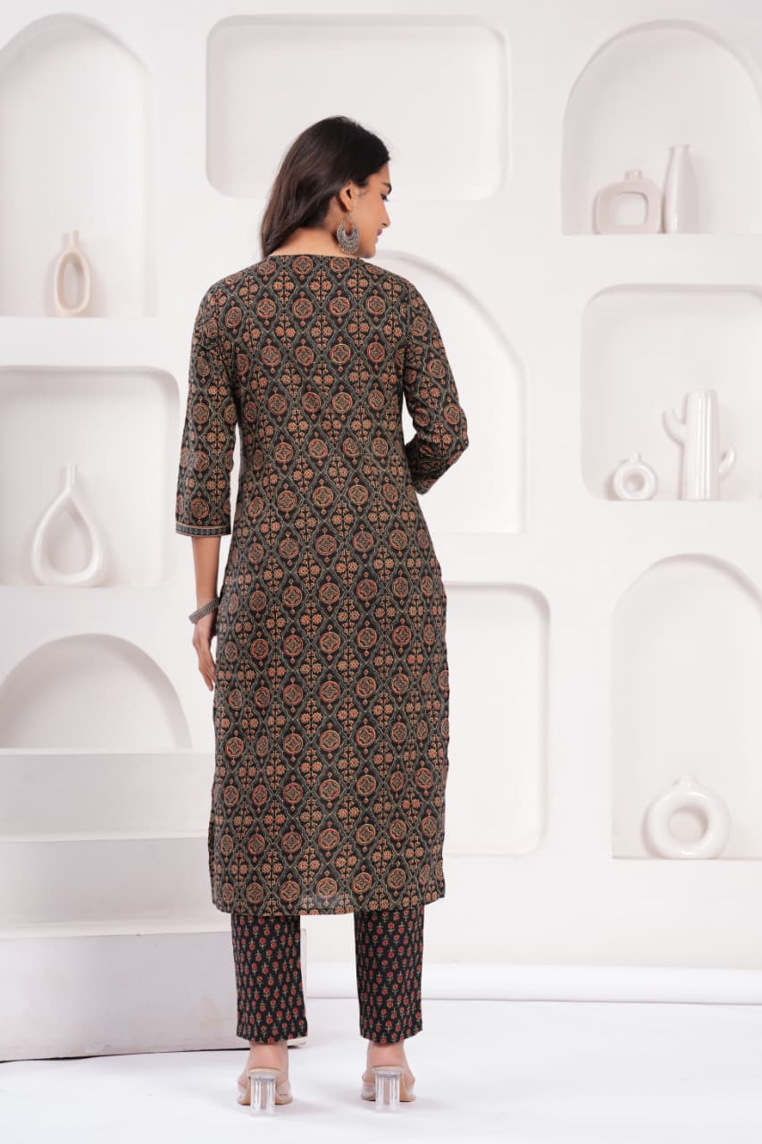 Charcoal Printed Cotton Suit Set with Dupatta