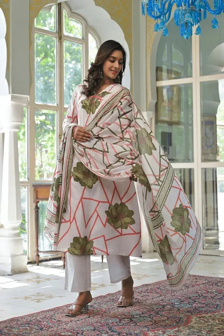 Abstract Bloom Printed Anarkali Suit Set - Qurbat