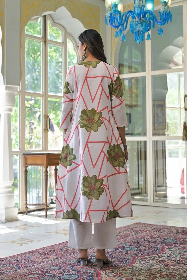 Abstract Bloom Printed Anarkali Suit Set - Qurbat